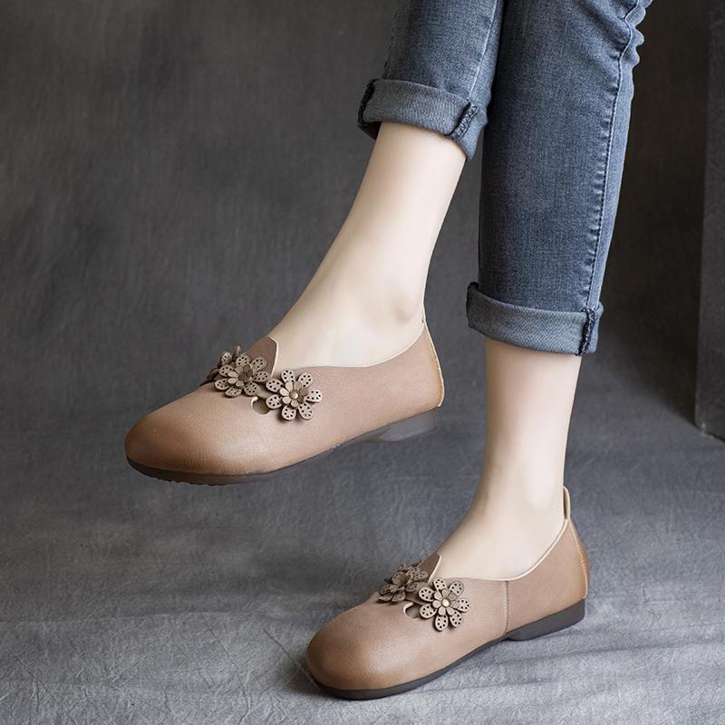 Leather handmade flower low-heel flat shoes