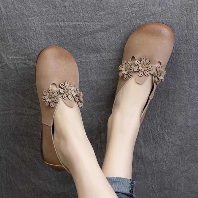 Leather handmade flower low-heel flat shoes