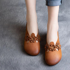 Leather handmade flower low-heel flat shoes