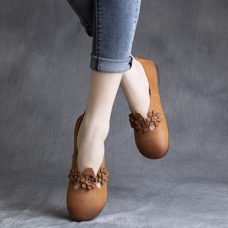 Leather handmade flower low-heel flat shoes