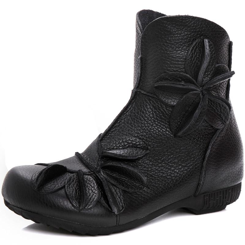 Leather Ethnic Style Single Flowers Boots