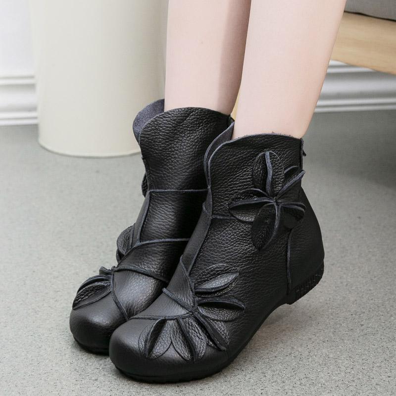 Leather Ethnic Style Single Flowers Boots