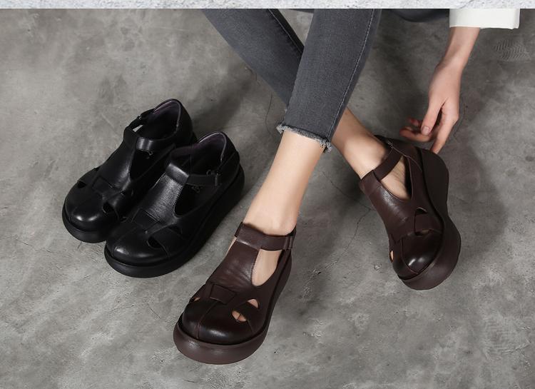 New Retro Leather Handmade Wedge Roman Women's Shoes