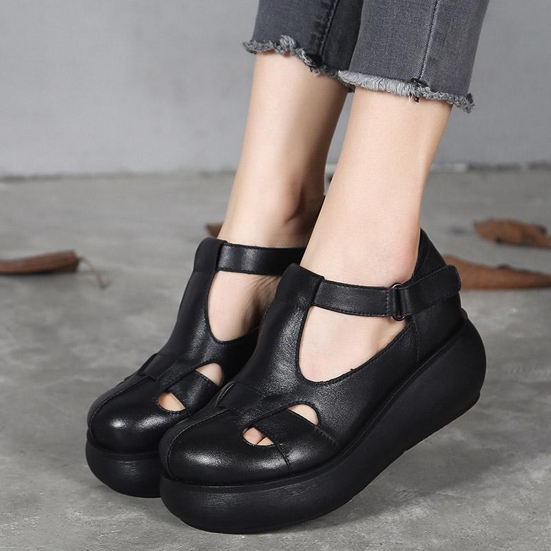 New Retro Leather Handmade Wedge Roman Women's Shoes