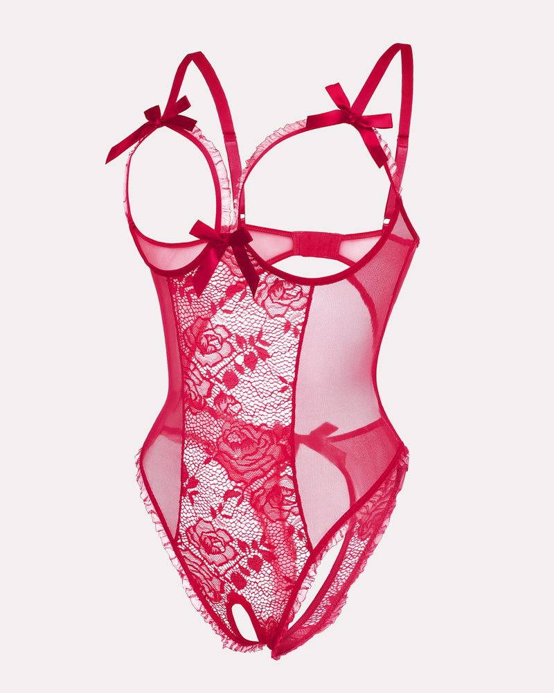 Red Heart Print Lace One Piece Mini Bodysuit