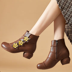 Retro Flowers Leather Casual Wedge Boots