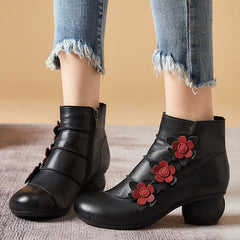 Retro Flowers Leather Casual Wedge Boots