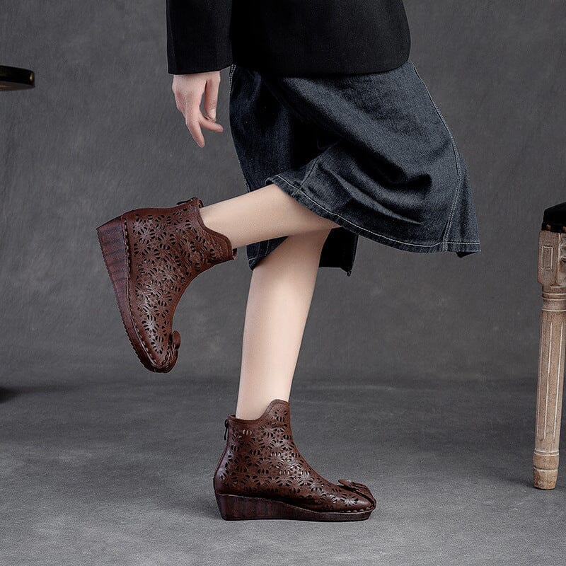 Retro Hollow Leather Casual Low Wedge Summer Boots