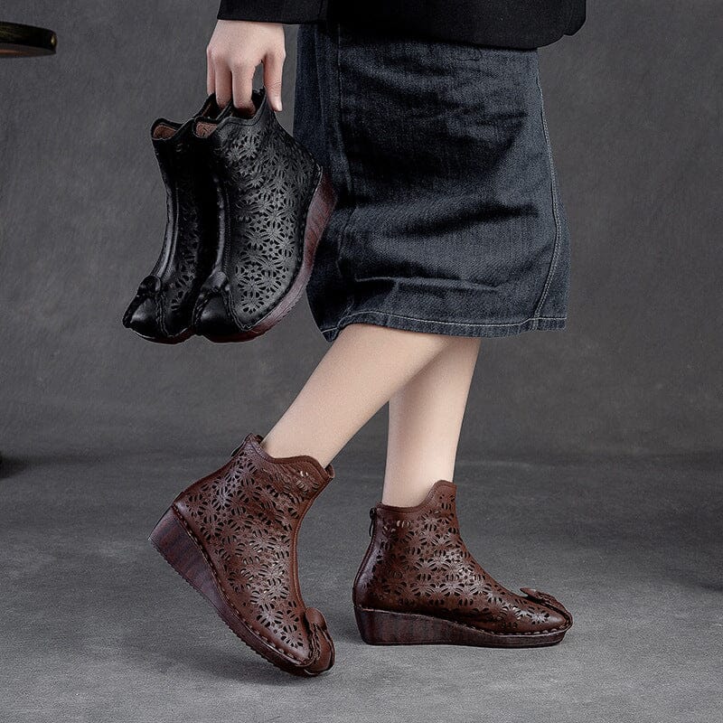 Retro Hollow Leather Casual Low Wedge Summer Boots