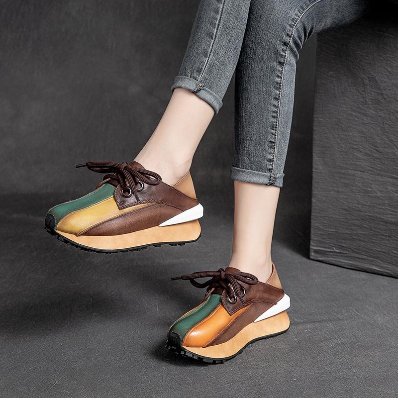 Retro Leather Handmade Rainbow Patchwork Casual Shoes