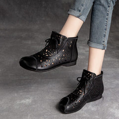 Retro Leather Hollow Flat Women Summer Ankle Boots