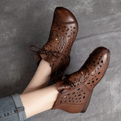 Retro Leather Hollow Flat Women Summer Ankle Boots