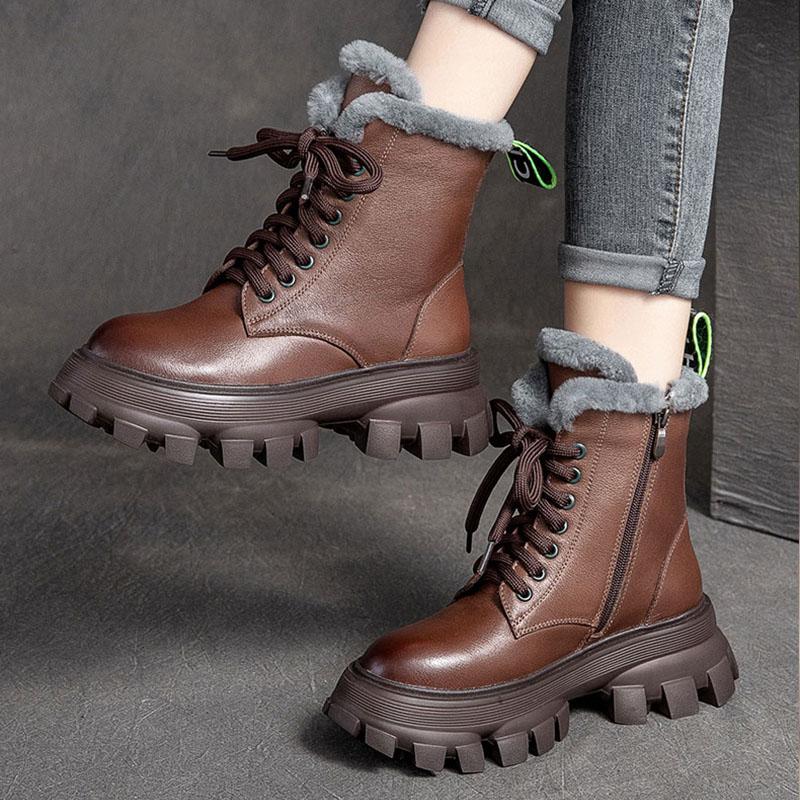 Retro Leather Winter Thick Sole Plush Warm Boots