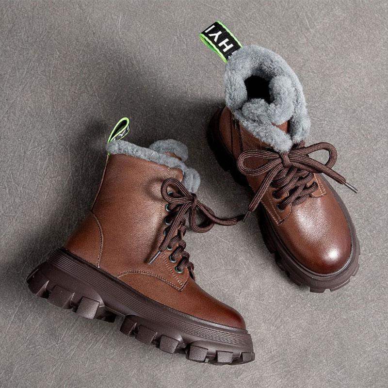 Retro Leather Winter Thick Sole Plush Warm Boots