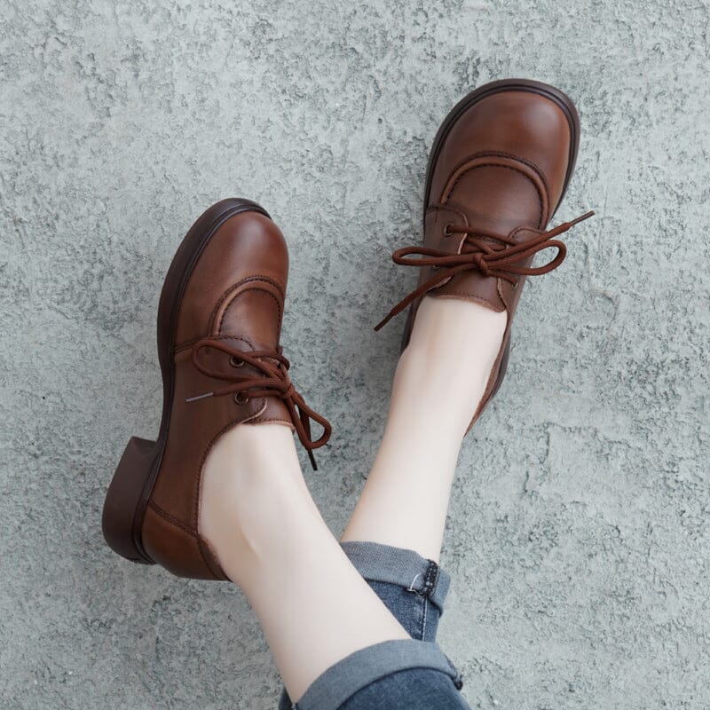 Retro Leather Women Spring Lug Sole Casual Shoes