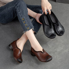 Retro Patchwork Leather Low Chunky Heel Casual Shoes