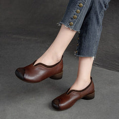 Retro Patchwork Leather Low Chunky Heel Casual Shoes