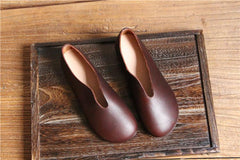 Retro Soft Leather Round Head Women Black Slip-on Shoes