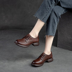 Retro Solid Leather Lug Sole Casual Shoes