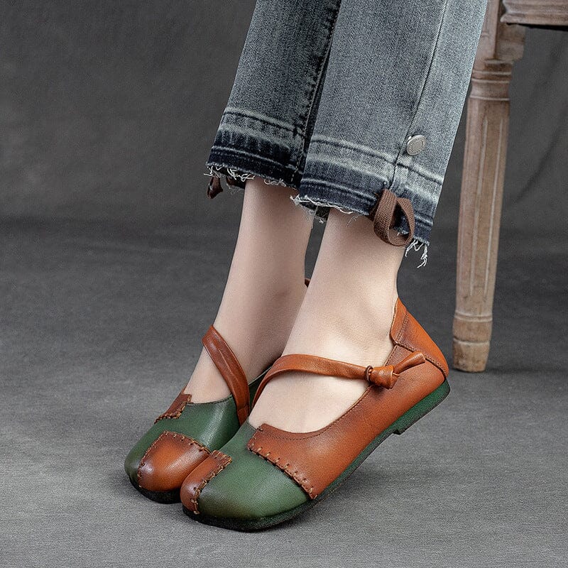 Retro Spring Patchwork Leather Soft Flat Casual Shoes