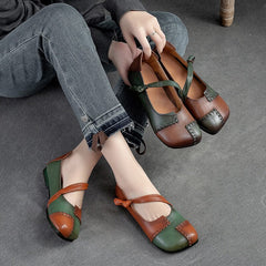 Retro Spring Patchwork Leather Soft Flat Casual Shoes