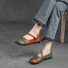 Retro Spring Patchwork Leather Soft Flat Casual Shoes