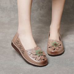 Soft Soled Flower Hollow Slip-Ons Leather Shoes for Women