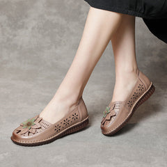 Soft Soled Flower Hollow Slip-Ons Leather Shoes for Women