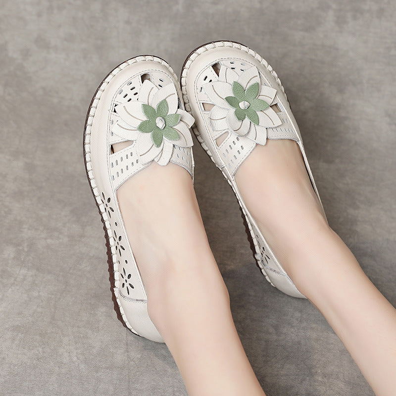 Soft Soled Flower Hollow Slip-Ons Leather Shoes for Women