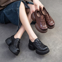 Spring Minimalist Retro Solid Leather Platform Casual Shoes