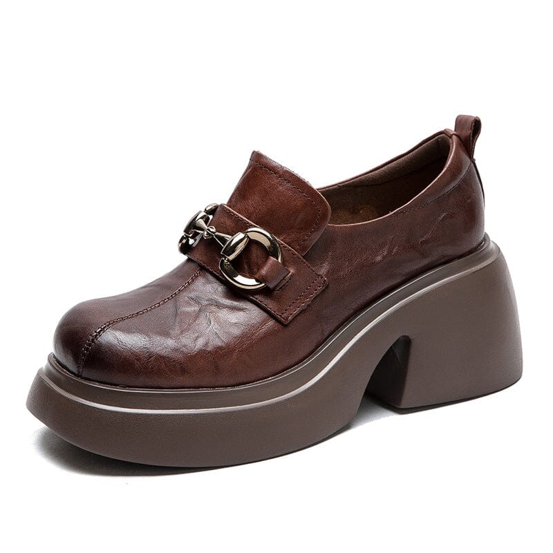 Spring Pleated Leather Retro Chunky Heel Casual Shoes