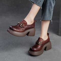 Spring Pleated Leather Retro Chunky Heel Casual Shoes