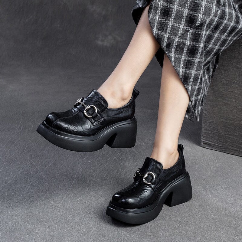 Spring Pleated Leather Retro Chunky Heel Casual Shoes