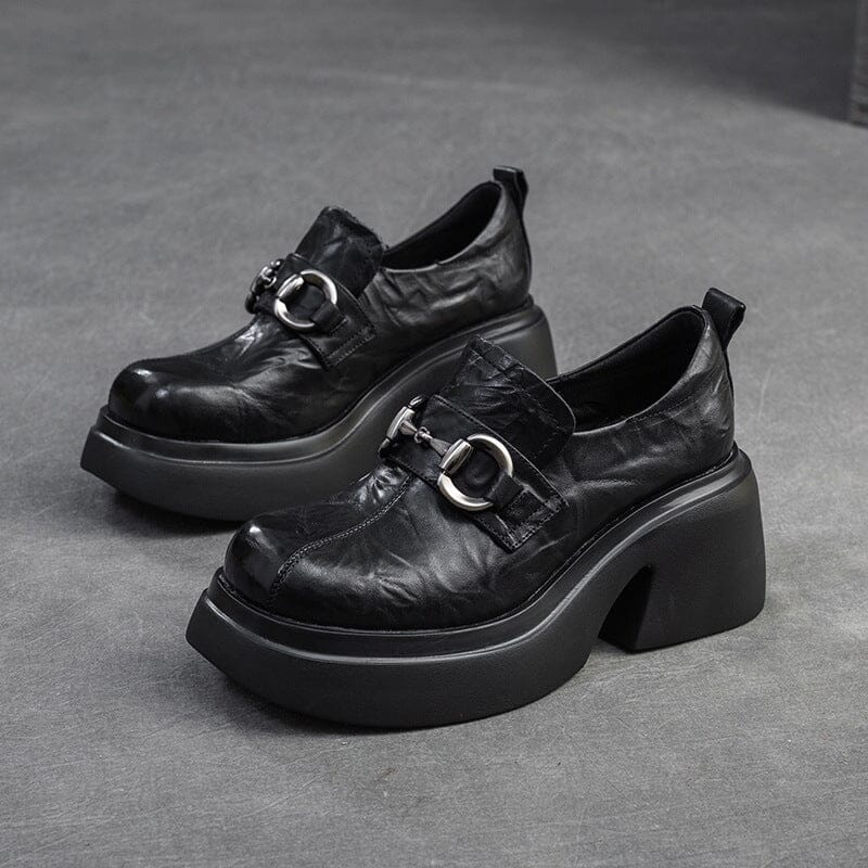 Spring Pleated Leather Retro Chunky Heel Casual Shoes