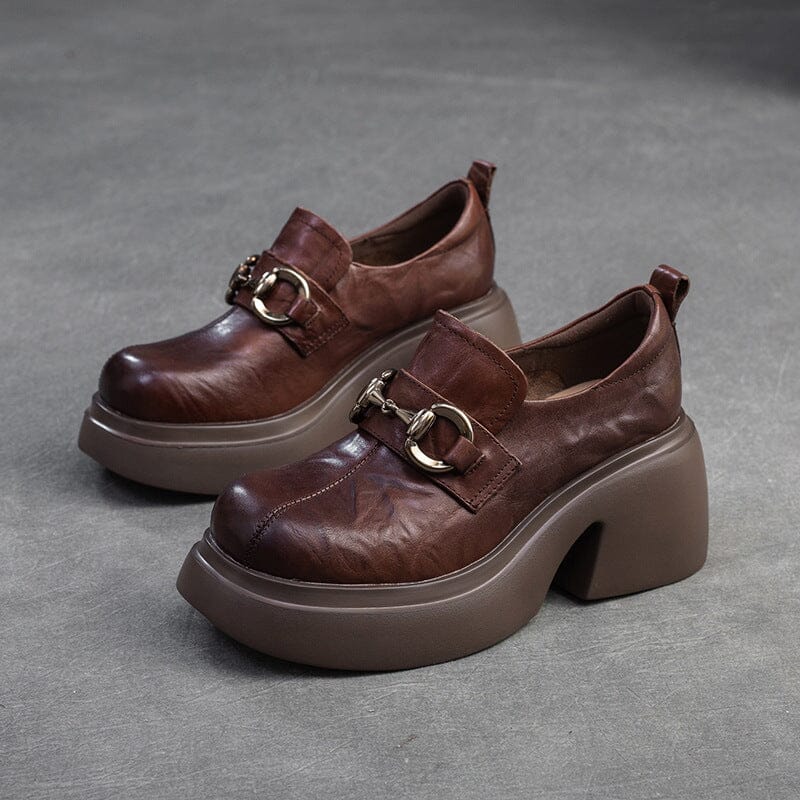 Spring Pleated Leather Retro Chunky Heel Casual Shoes