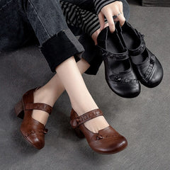 Spring Retro Leather Chunky Heels Casual Shoes