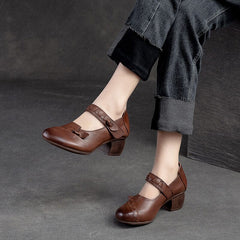 Spring Retro Leather Chunky Heels Casual Shoes