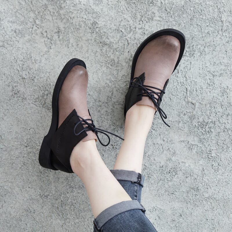 Spring Retro Patchwork Leather Flat Casual Shoes