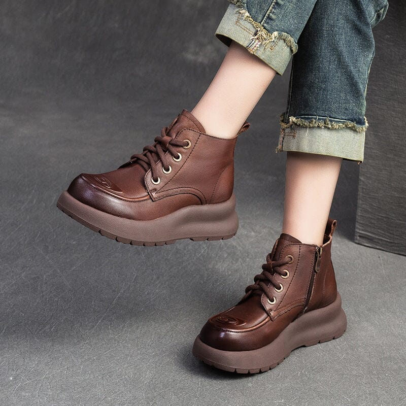 Spring Retro Solid Leather Casual Ankle Boots