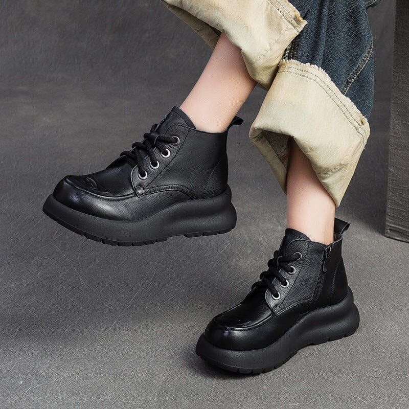 Spring Retro Solid Leather Casual Ankle Boots