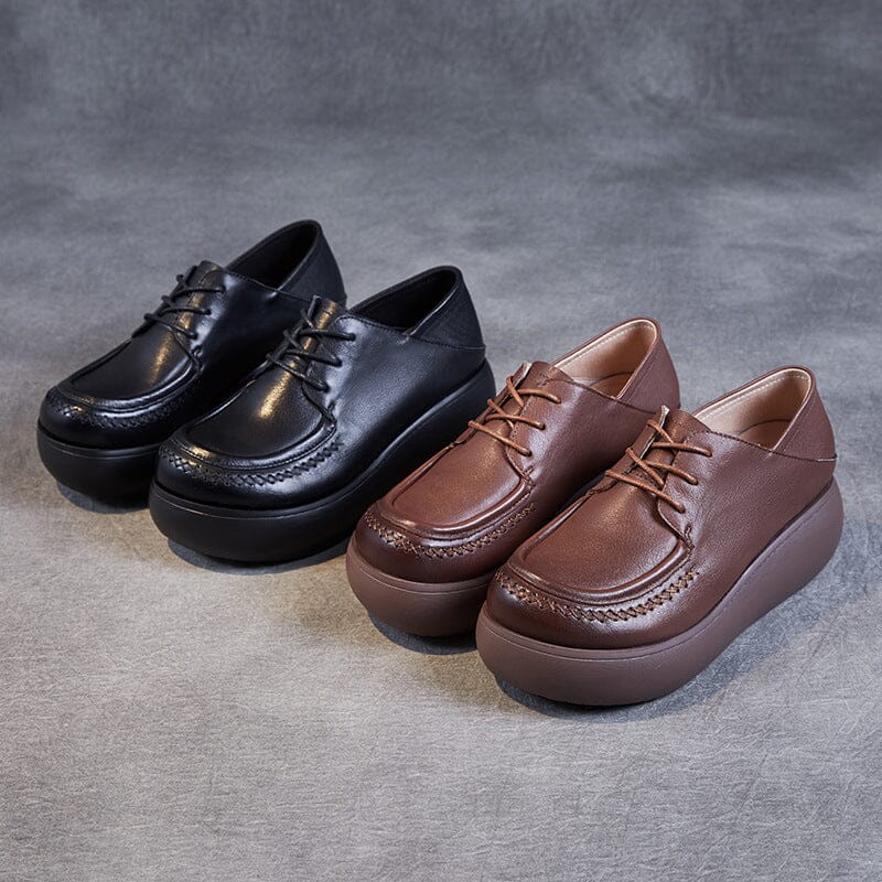 Spring Retro Solid Leather Lace-Up Casual Shoes