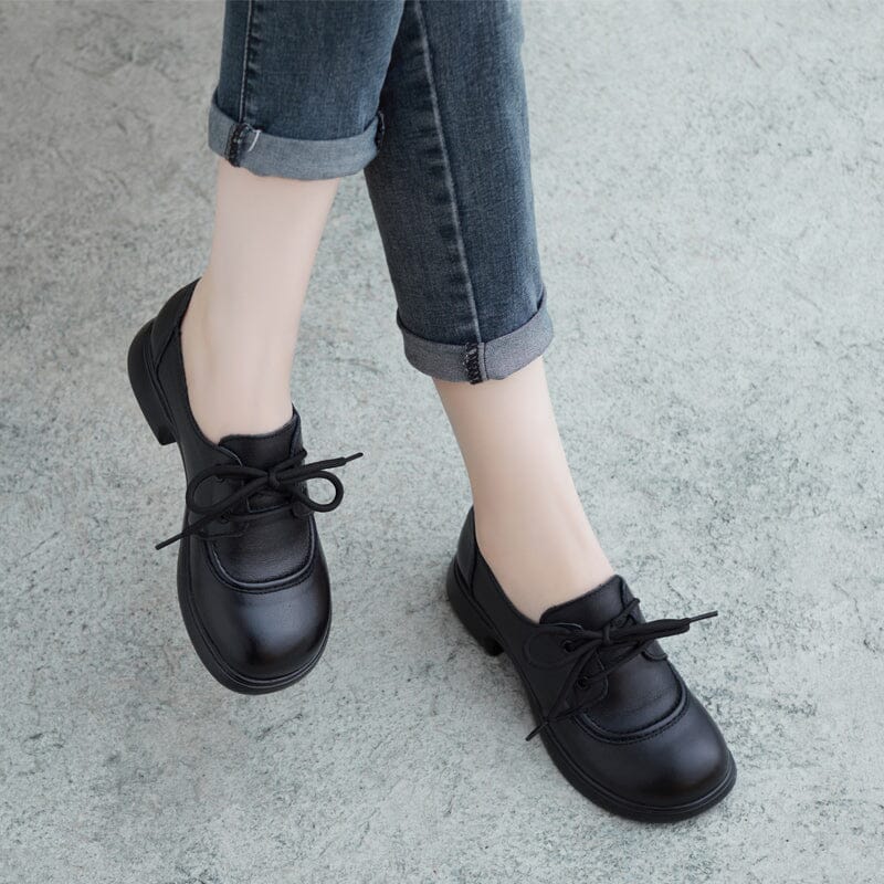 Spring Retro Solid Leather Lug Sole Casual Shoes