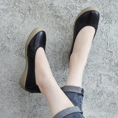 Spring Retro Solid Leather Wedge Casual Shoes