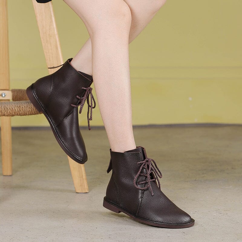 Spring Retro Solid Soft Leather Flat Ankle Boots