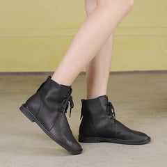 Spring Retro Solid Soft Leather Flat Ankle Boots