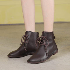 Spring Retro Solid Soft Leather Flat Ankle Boots