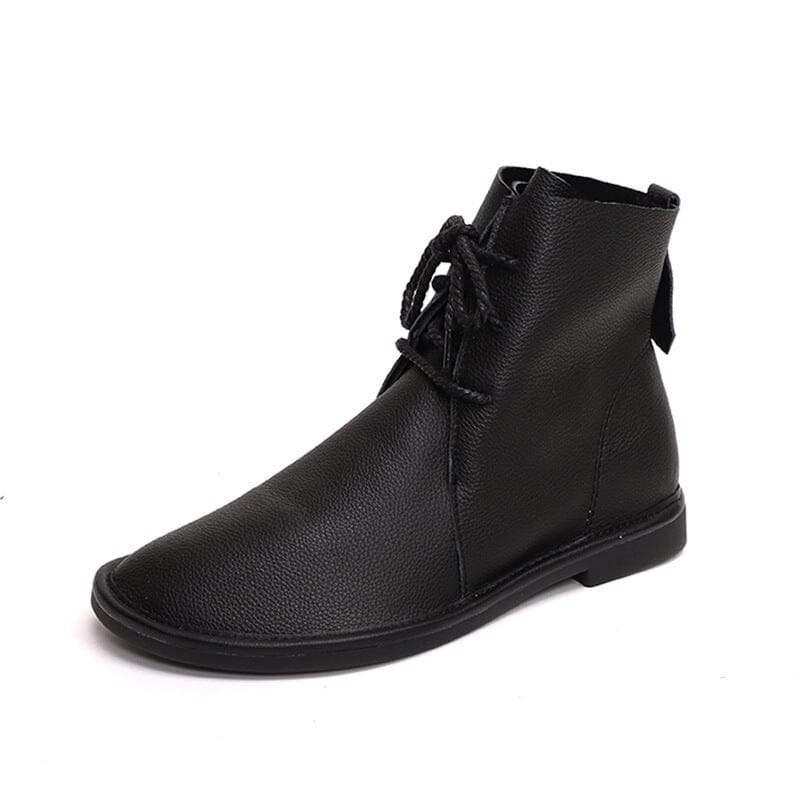 Spring Retro Solid Soft Leather Flat Ankle Boots