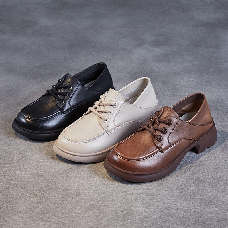 Spring Retro Solid Soft Leather Lug Sole Casual Shoes