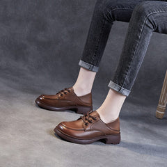 Spring Retro Solid Soft Leather Lug Sole Casual Shoes