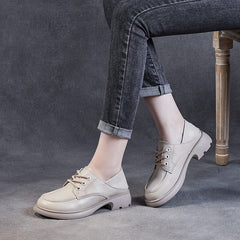 Spring Retro Solid Soft Leather Lug Sole Casual Shoes